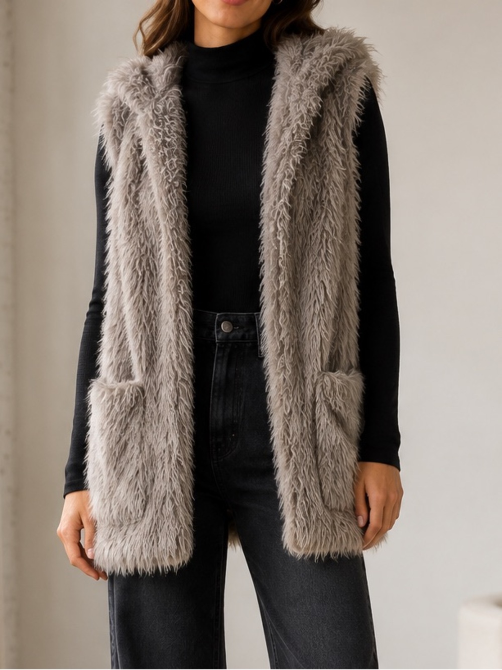 NWT Ashley by 26 Gray Shaggy Faux Fur Hooded Long Vest Size S